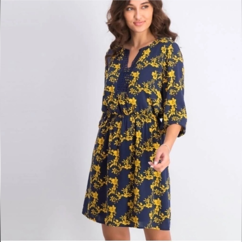 Market & Spruce Navy Mustard Floral Prim Crochet Trim Dress Elastic Waist Medium
